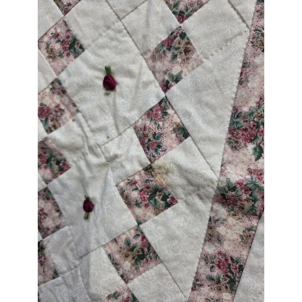 Handmade Floral Print Cotton Hand Quilted Lap Throw Coverlet Baby Quilt Rosettes